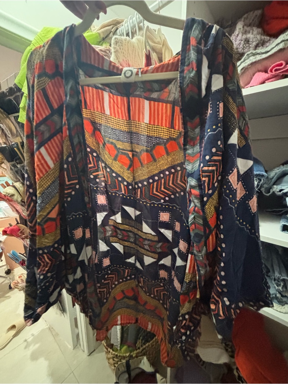 Boho Geometric Print Women’s Top in Navy and Coral